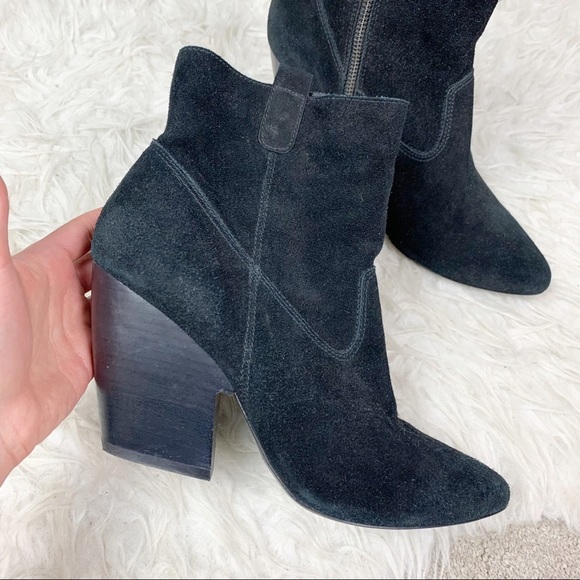 PELLE MODA Genuine Black Suede Chunky Stacked Heel Pointed Toe Zip Ankle Boots - Picture 1 of 12
